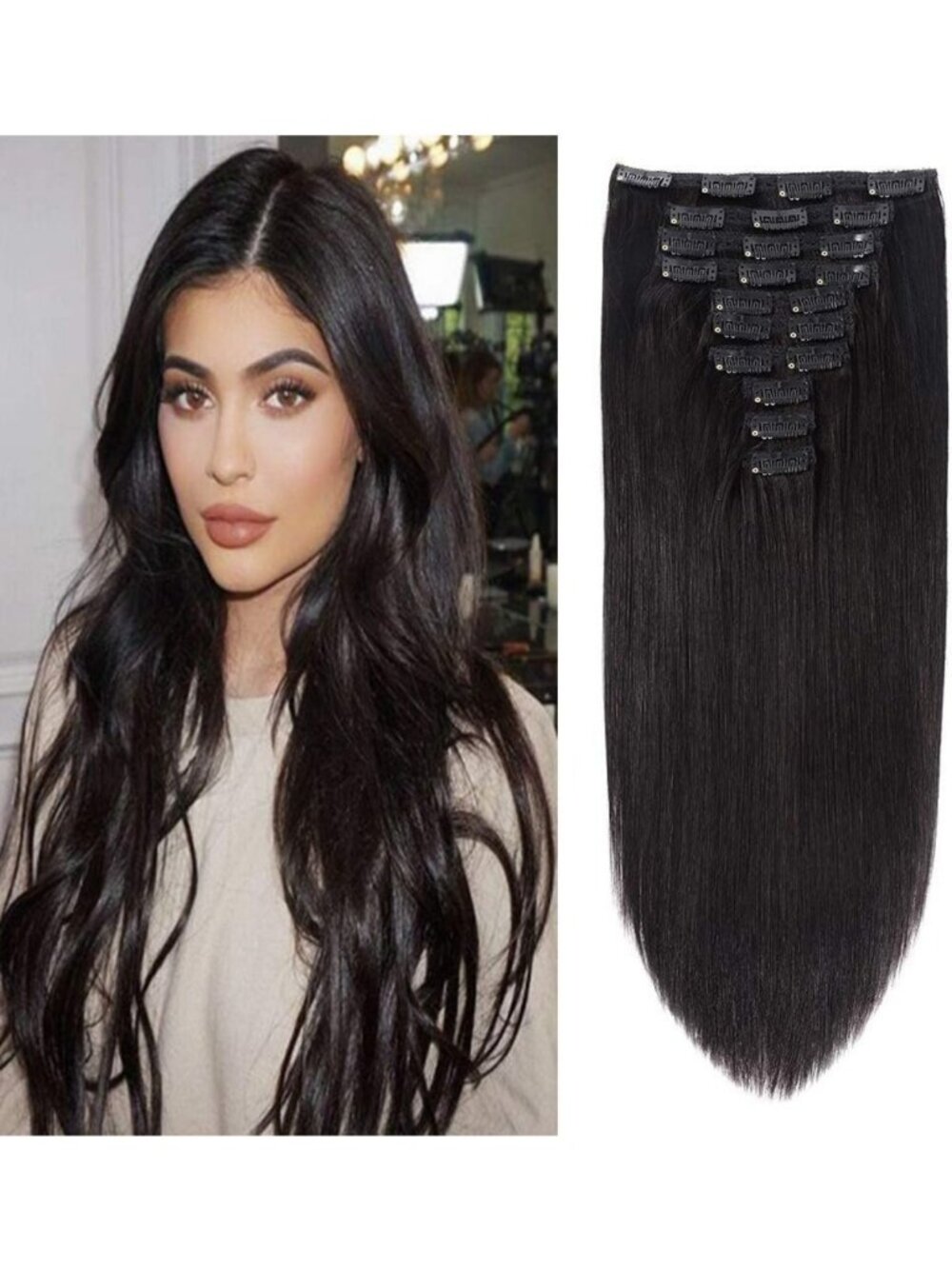 22" Clip-In Human Hair Extensions, 200g Thick & Silky, Natural Black, 10 Pieces